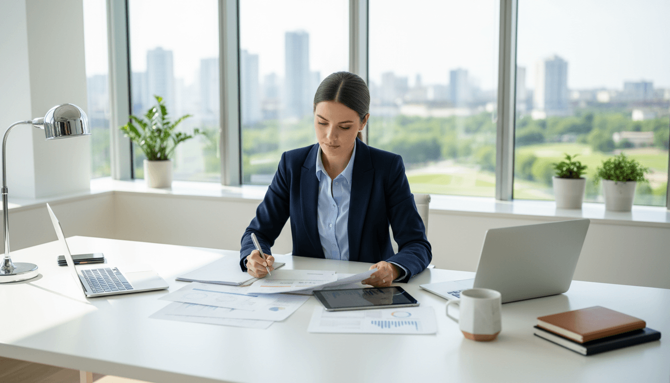 Professional reviewing documents at an office desk with natural light