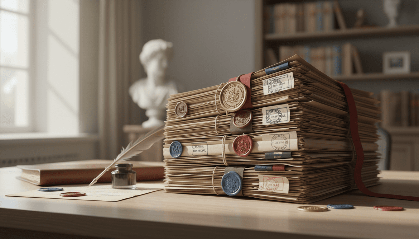 Stack of official documents with seals and stamps on a desk