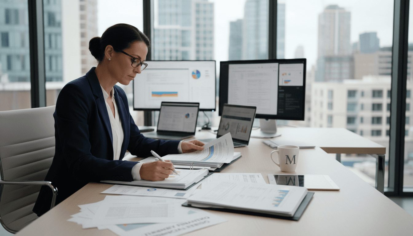 Professional reviewing paperwork at a modern desk