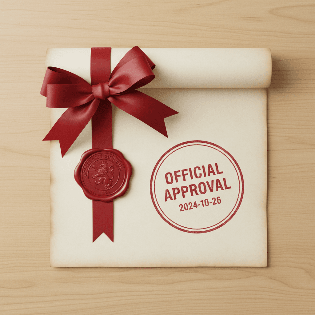 Official document with red ribbon and apostille seal on a desk