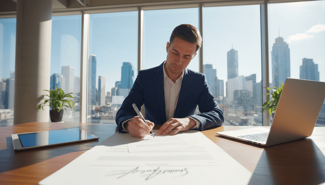 Professional reviewing and signing documents at a bright modern office desk