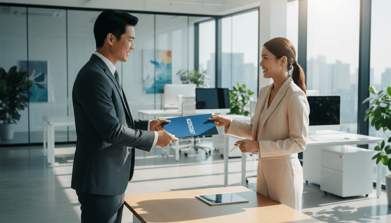 Professional handing a document to a client in a bright office