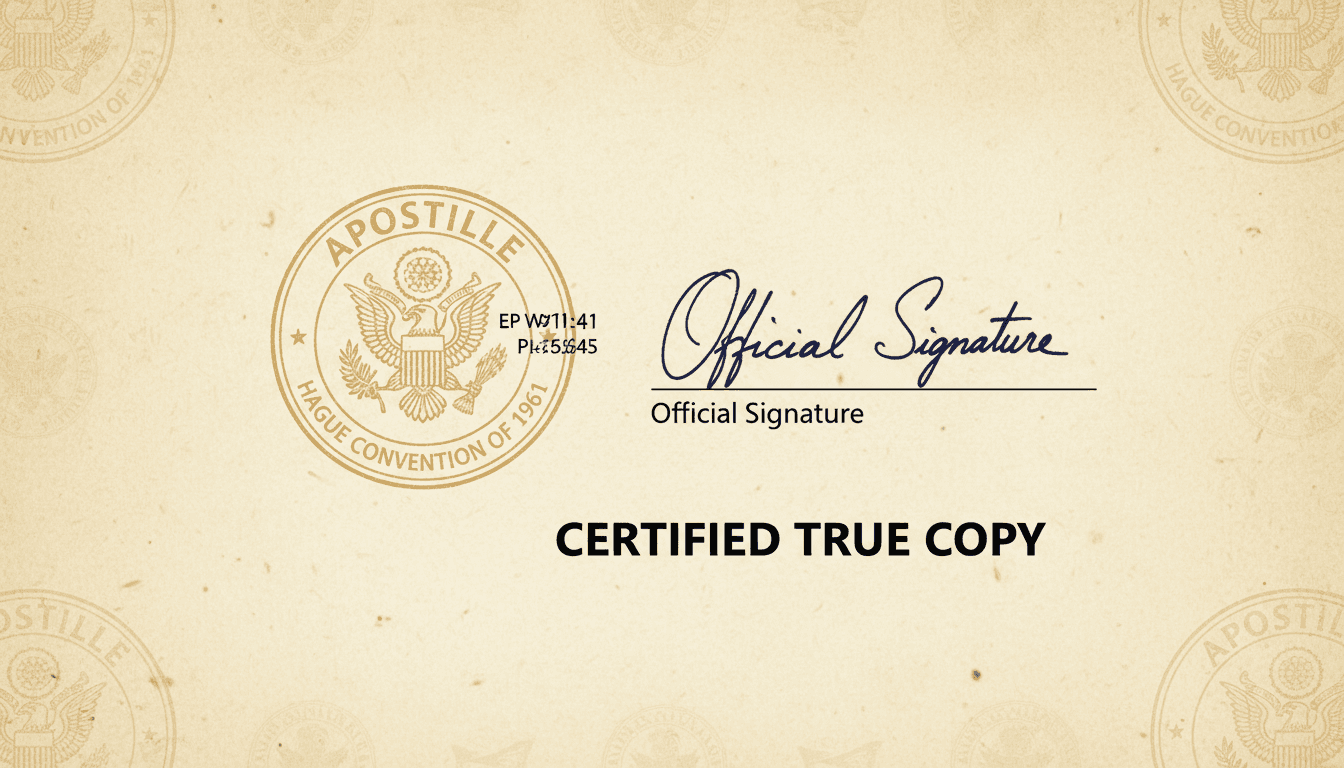 Detailed view of apostille certification stamp on document