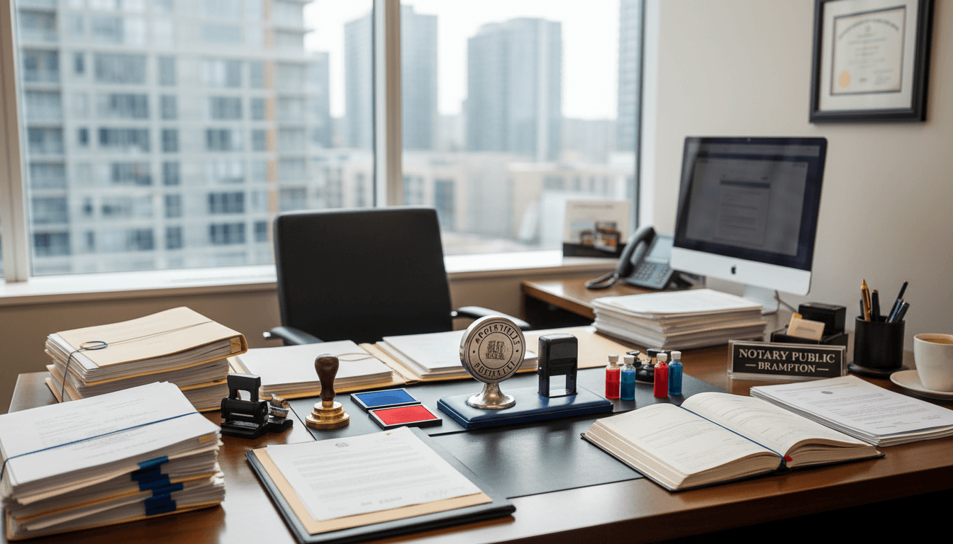 Professional notary desk with official apostille documents and authentication stamps in Toronto office