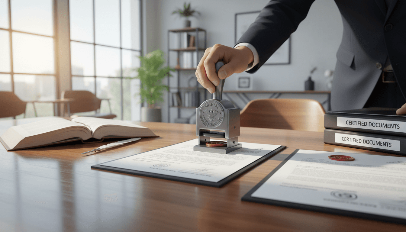 Professional apostille document processing at desk with certified seal and official paperwork
