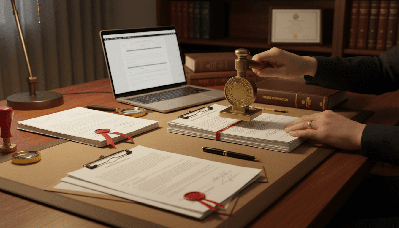 Professional apostille service workspace with certification tools