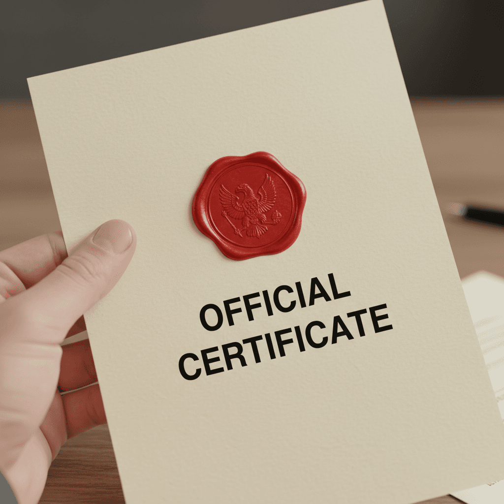 Hand holding a document with an official apostille stamp