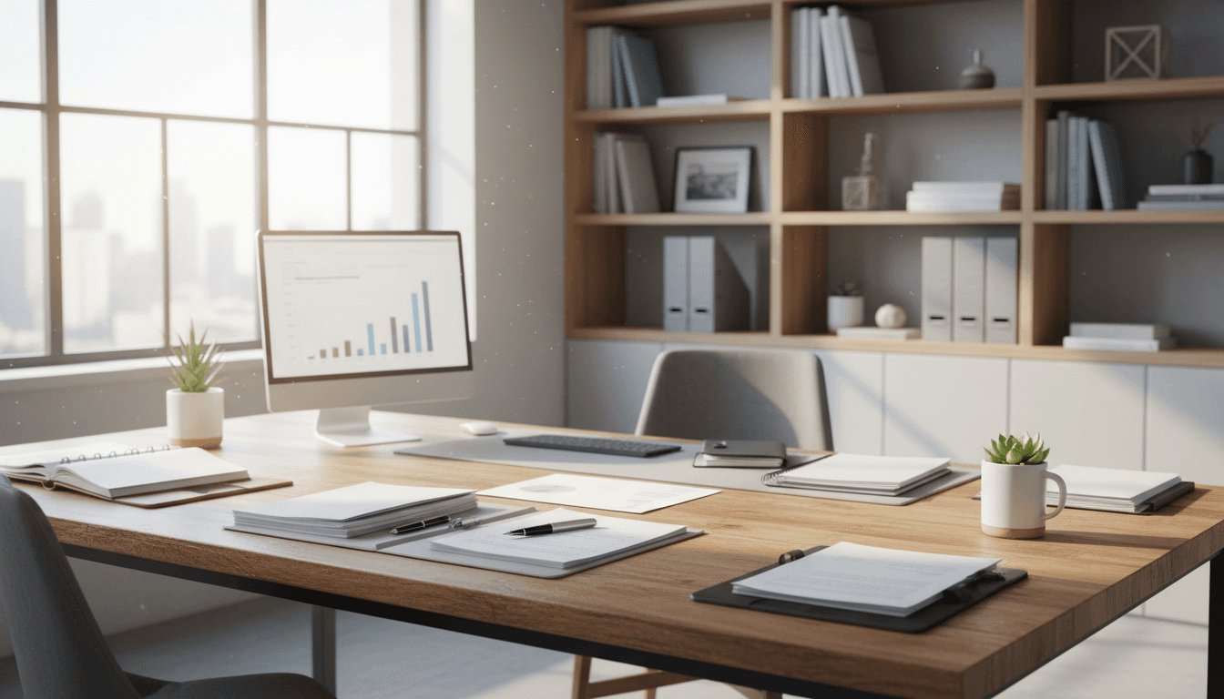 Professional document processing workspace with organized paperwork and office supplies
