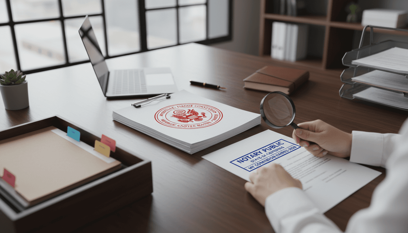 Professional reviewing and certifying important documents at organized office desk with apostille stamp