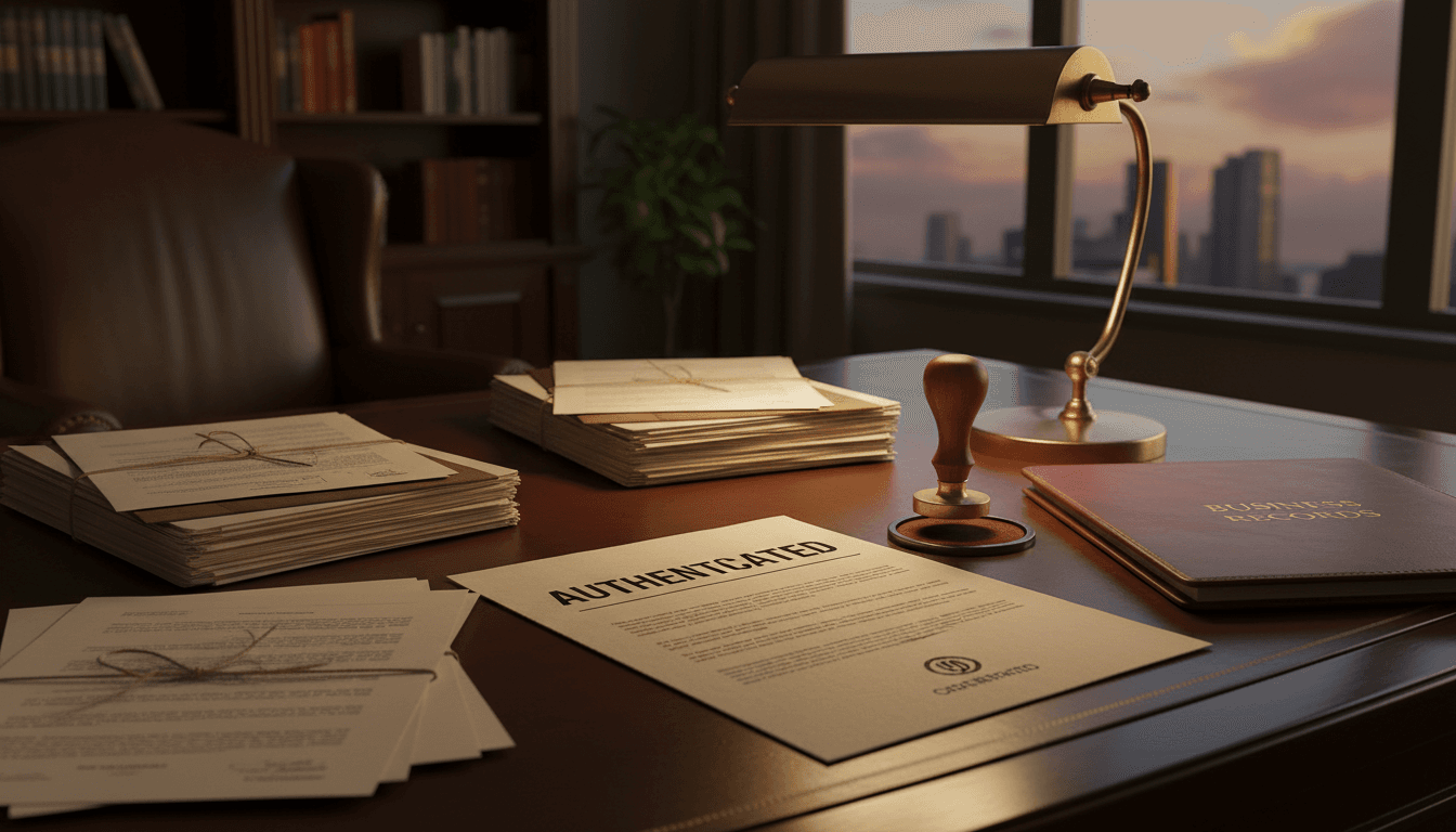 Professional document authentication and processing workspace with organized paperwork and official stamp
