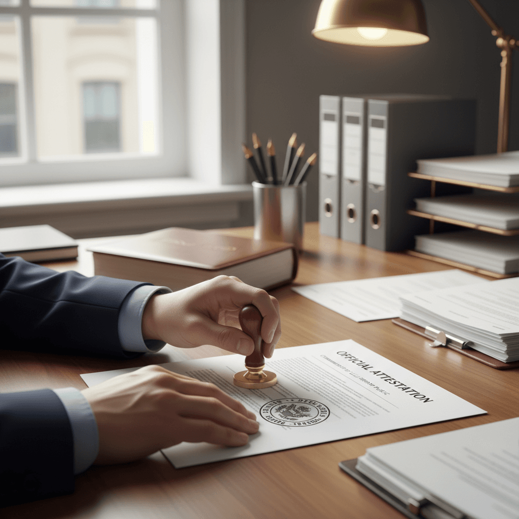 Document authentication workspace with organized papers and official apostille stamps