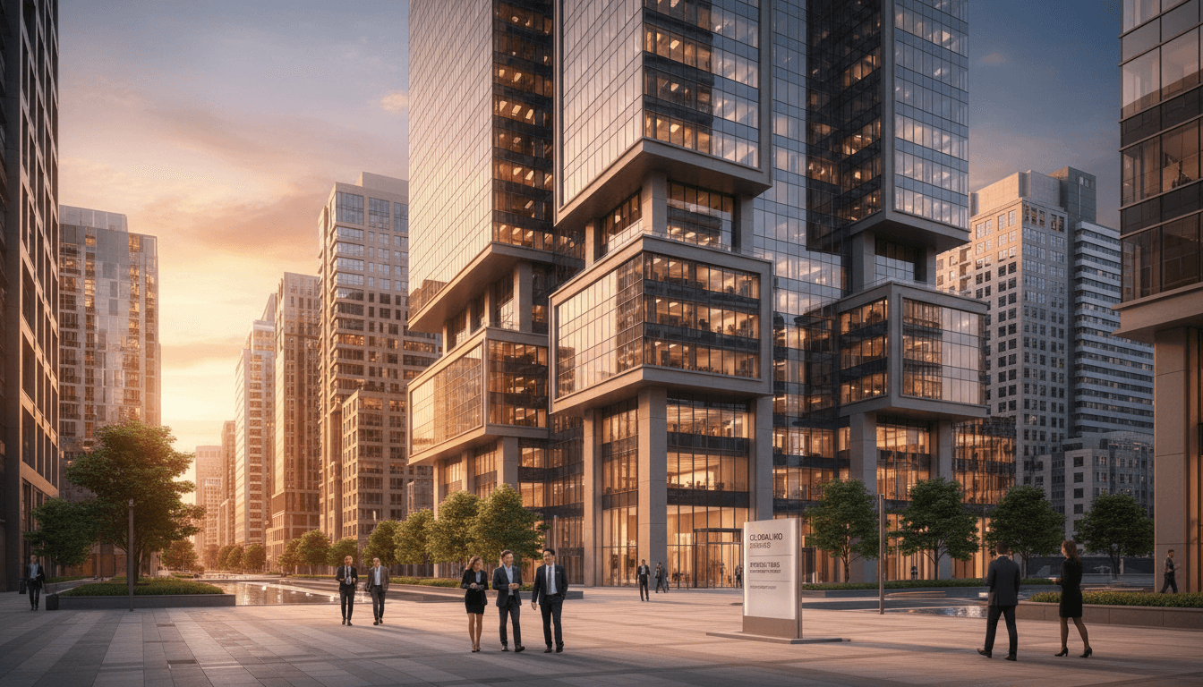 Modern glass and steel commercial office building with street-level plaza, featuring professionals walking through contemporary urban business district during golden hour