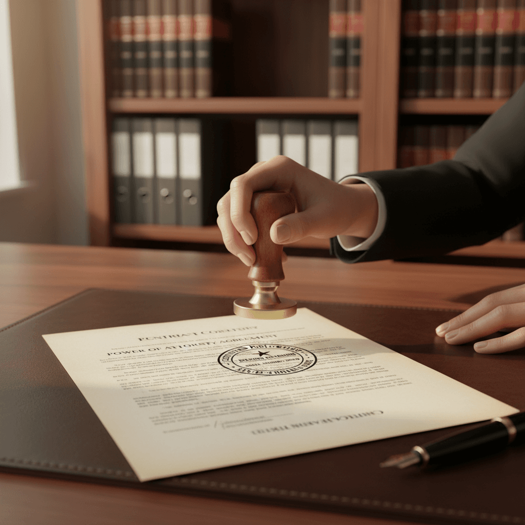 Close-up of official apostille stamps and authenticated documents on a professional desk
