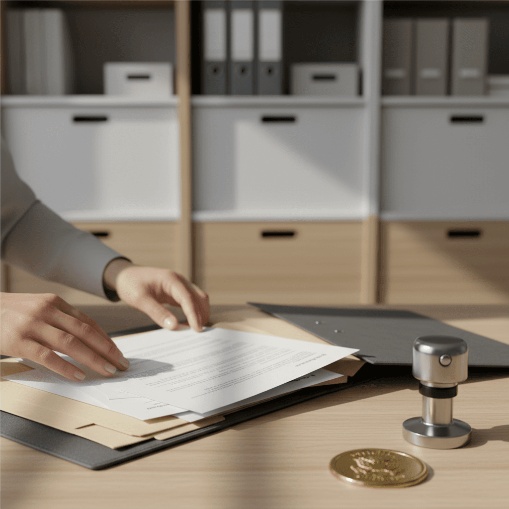 Professional document authentication workspace with organized file folders and official stamps