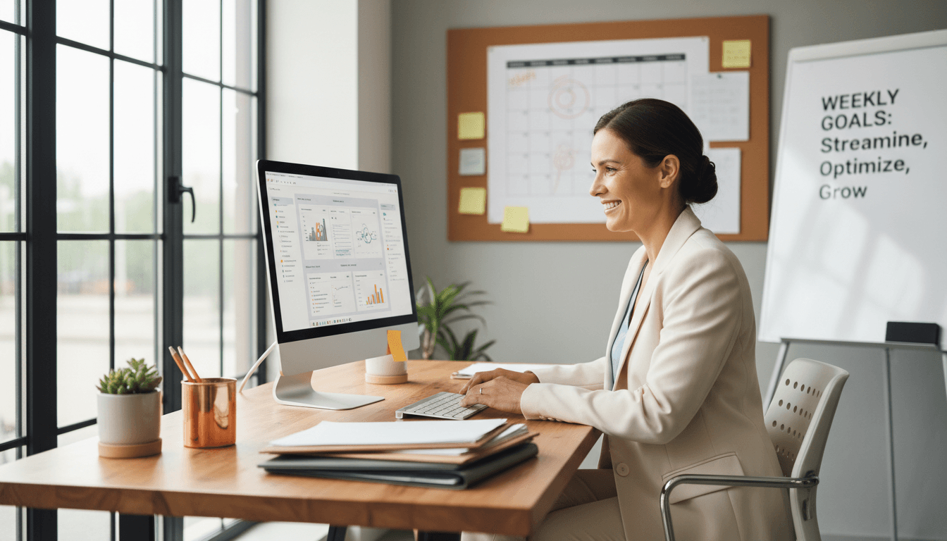 Professional handling document requests at organized office desk