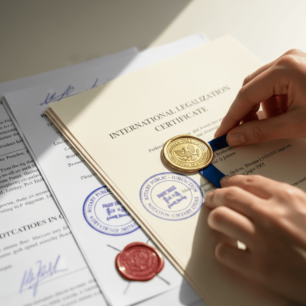 Close-up of certified apostille stamp on official document