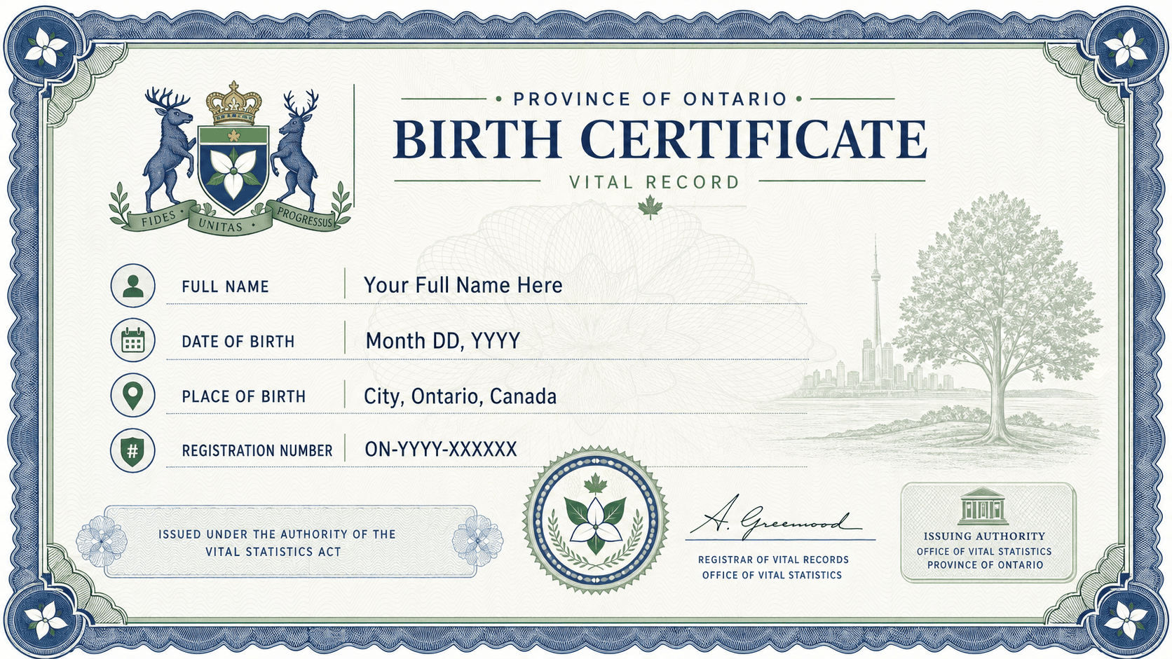 Province of Ontario birth certificate template with placeholders for personal information and official seals.